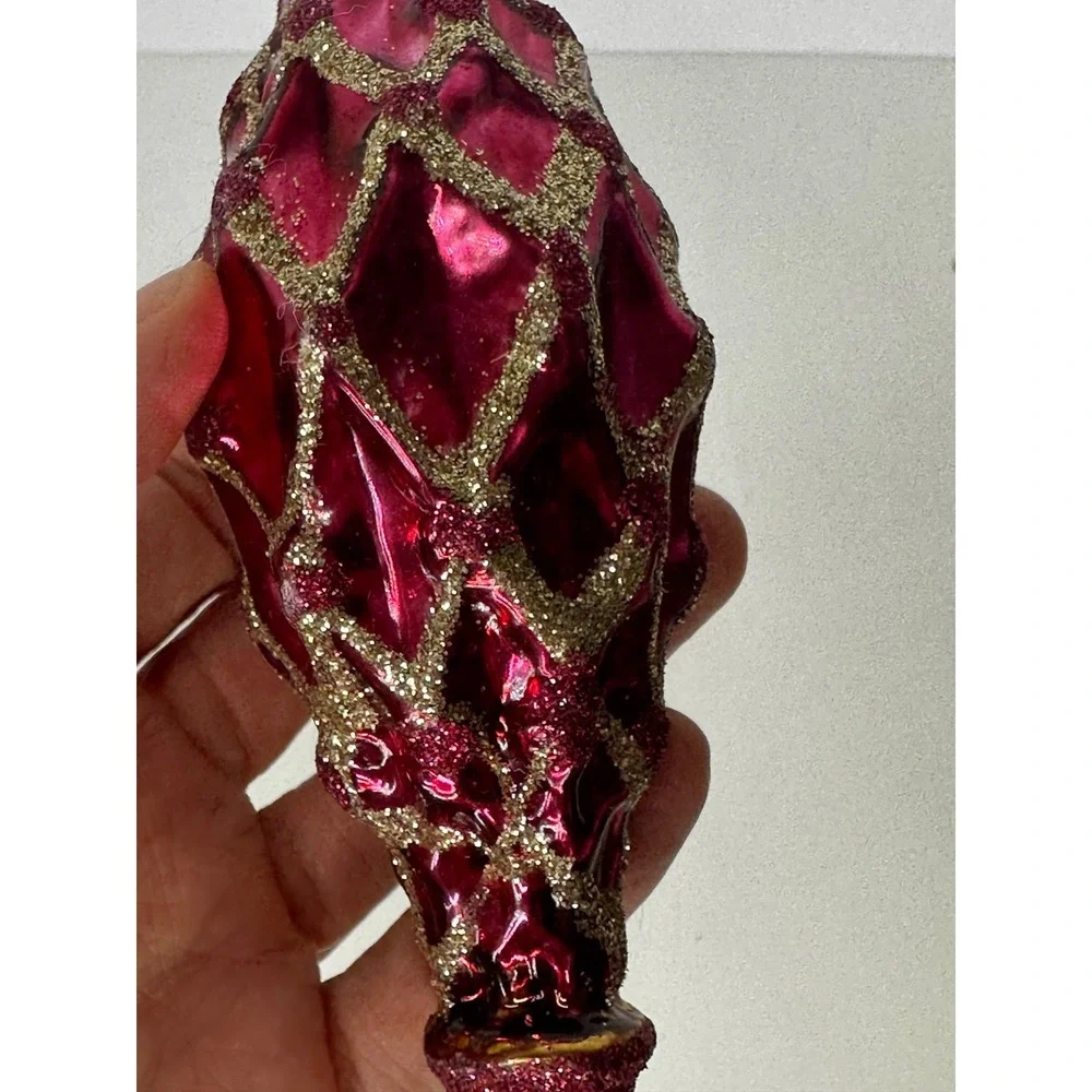 Red Diamond Glass Christmas Ornament Textured Waffle Pattern Gold Glitter